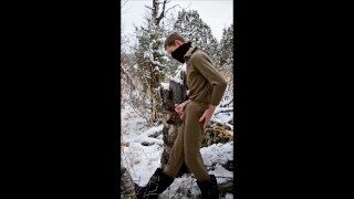 After an Evening Hike, the Guy Jerks off a Member in the Snowy Forest